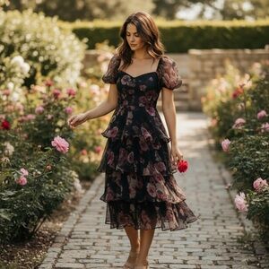 Lulu's Elegant Black and Purple Floral Midi Dress